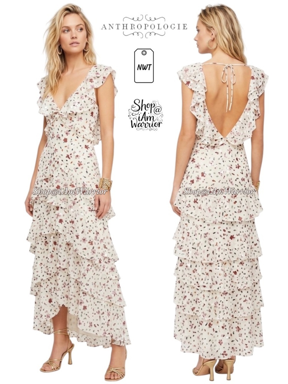 Anthropologie NWT ruffle floral sequin maxi dress *shop@iamwarrior